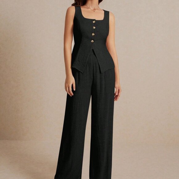 Black Casual Women's Summer Linen Suit Vest Sleeveless Top And Trousers Set - Picture 5 of 8
